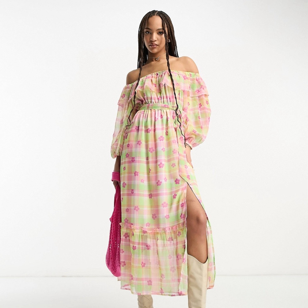 Miss Selfridge chiffon bardot tie waist maxi dress in floral gingham US 4